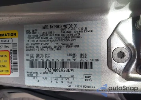 2018 Ford Fusion Titanium from USA, damaged, VIN 3FA6P0D99JR268793